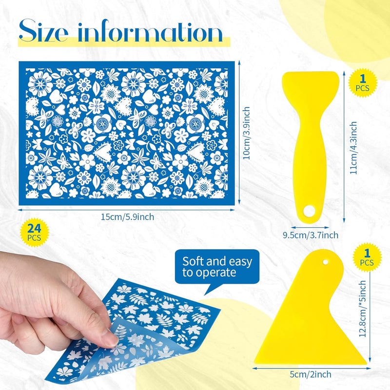 Jutom 24 Pieces Silk Screen Stencils for Polymer Clay Cutter Tools Reusable Silkscreen Print Kit DIY Craft Earring Jewelry Making Supplies Screen Stencils Reusable with 2 Squeegees, 3.9 x 6'' - Image 2